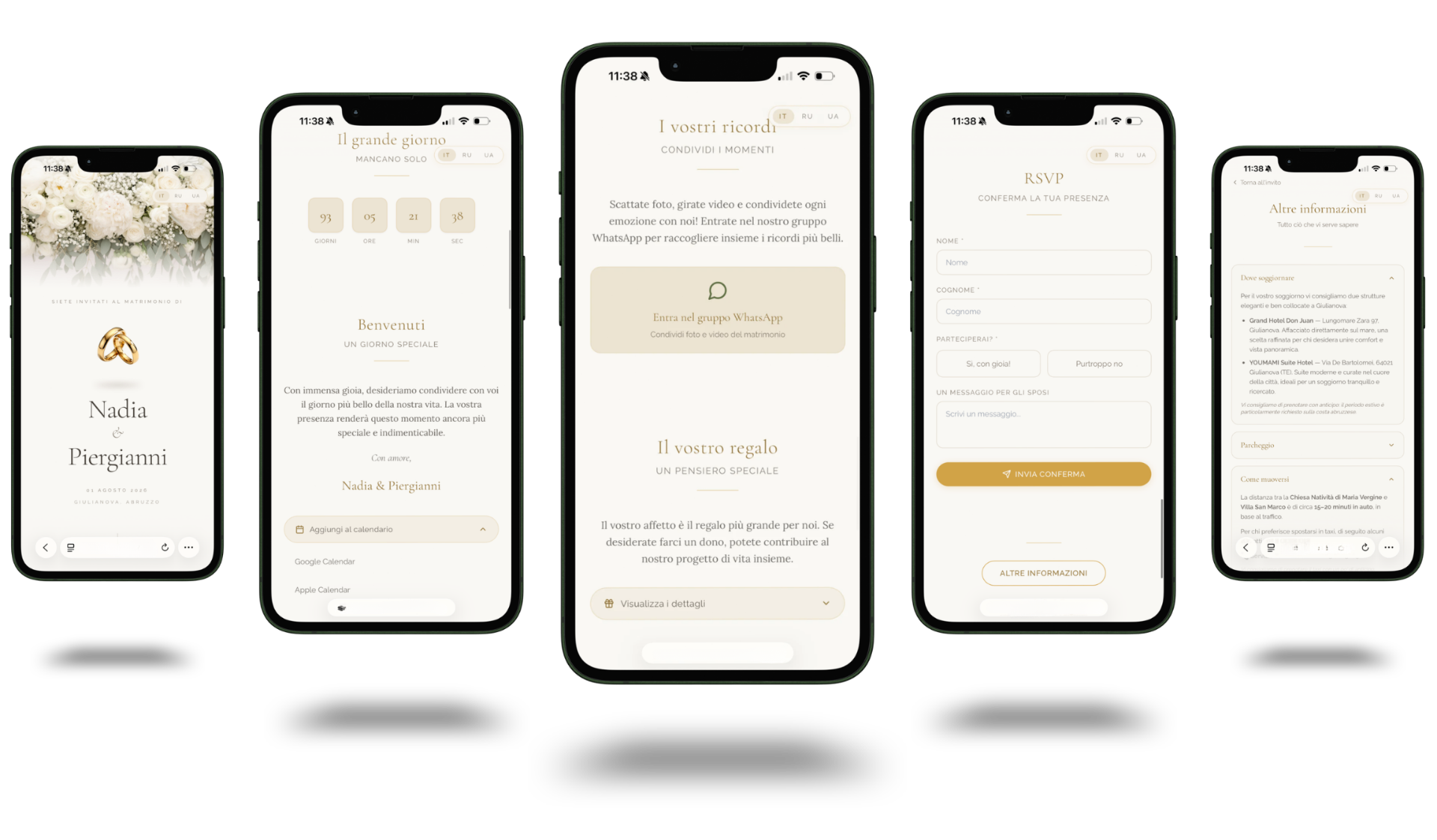 Schermate principali dell'invito di matrimonio digitale: home, RSVP, ricordi, dettagli location